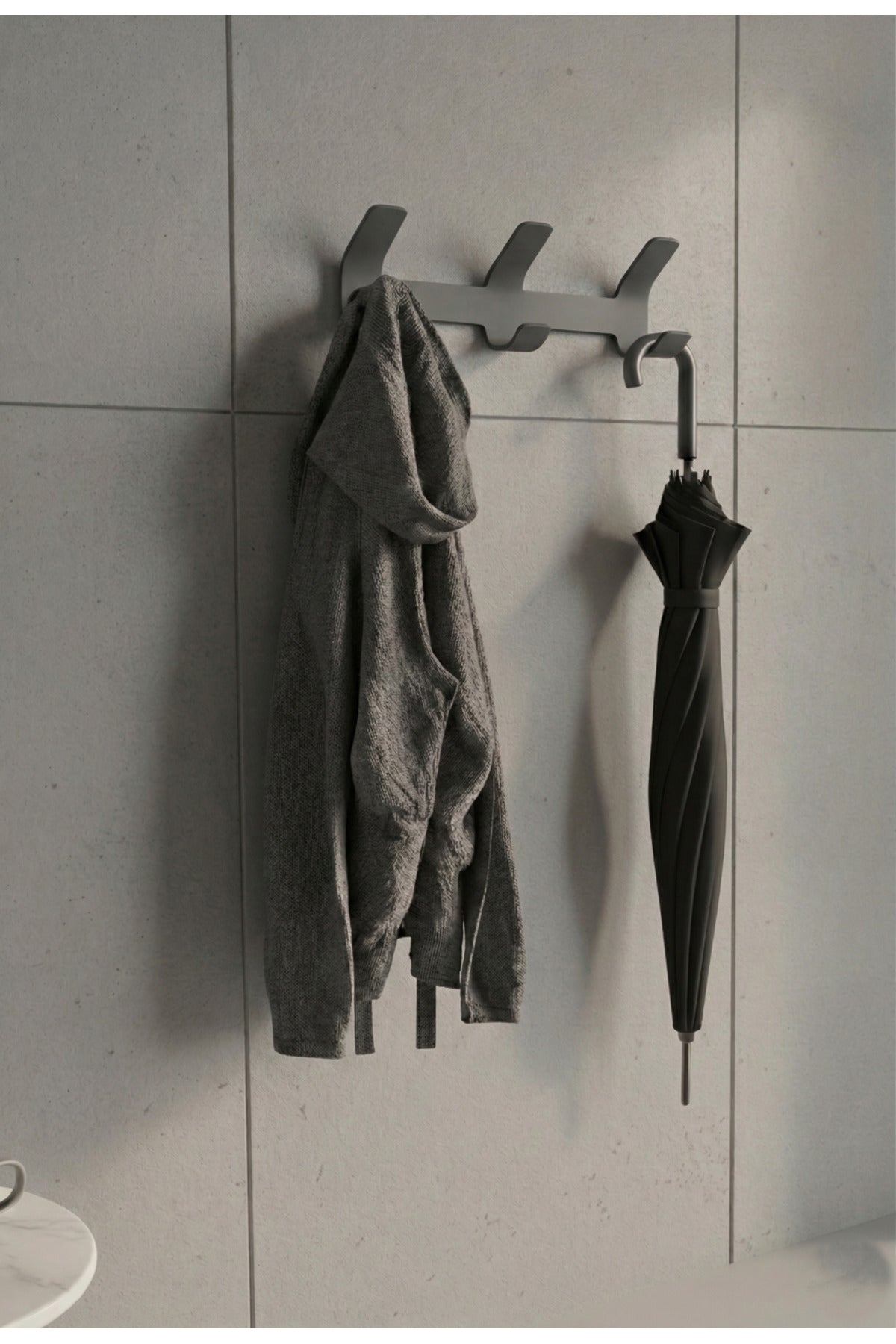 Premium 3-Hook Dark Grey Metal Wall Hanger - Adhesive Bathroom and Entryway Organizer