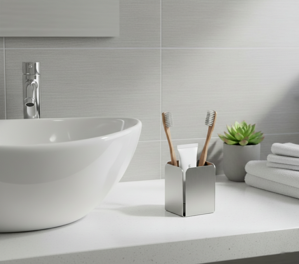 Stainless Steel Toothbrush & Toothpaste Holder - Modern Countertop Bathroom Organizer