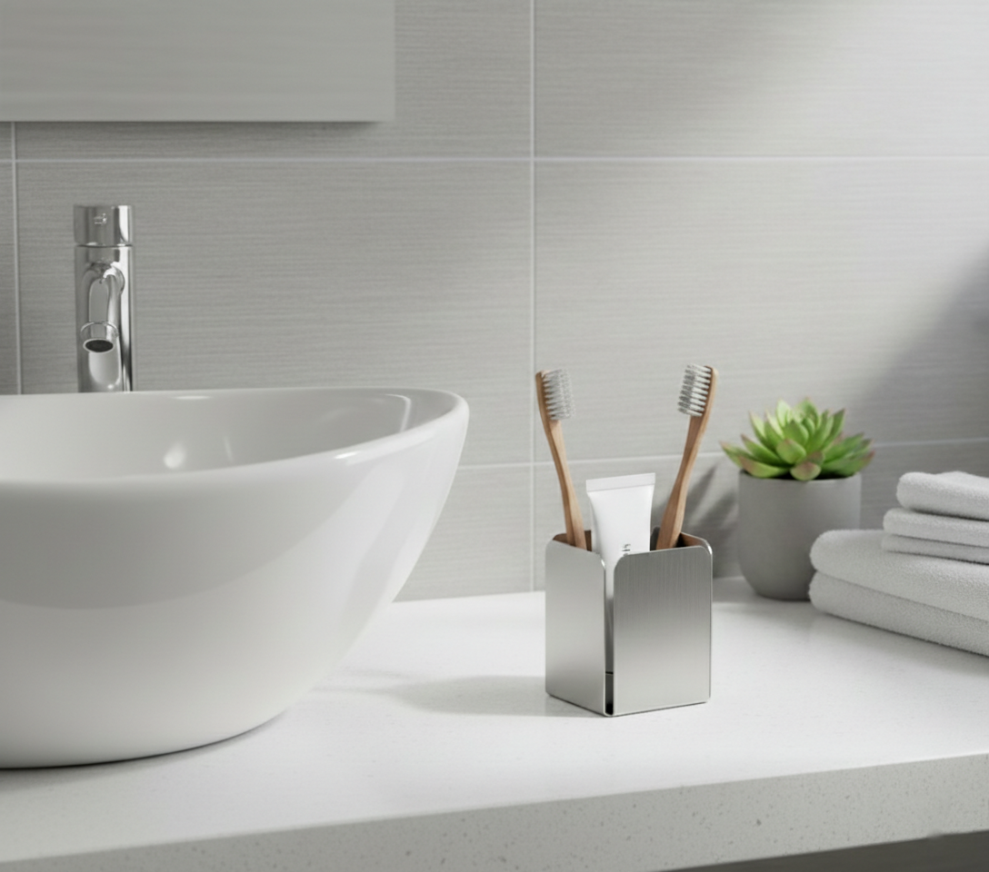 Paslanmaz Çelik Diş Fırçalık Ve Macunluk - Modern Tezgah Üstü Banyo Düzenleyici