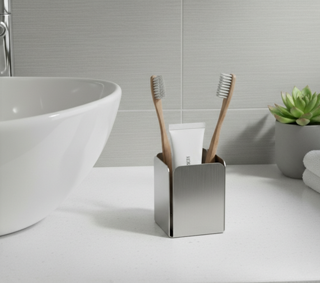 Stainless Steel Toothbrush & Toothpaste Holder - Modern Countertop Bathroom Organizer