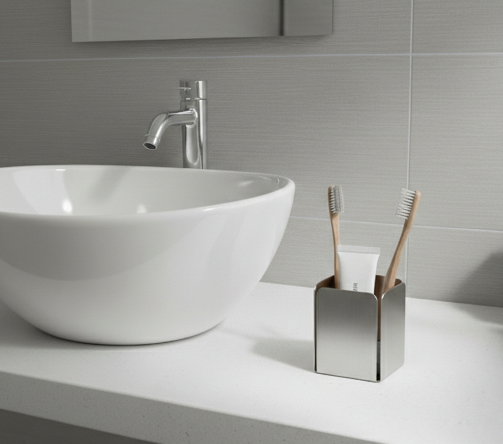 Stainless Steel Toothbrush & Toothpaste Holder - Modern Countertop Bathroom Organizer