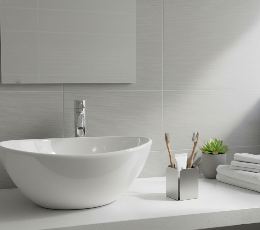 Stainless Steel Toothbrush & Toothpaste Holder - Modern Countertop Bathroom Organizer