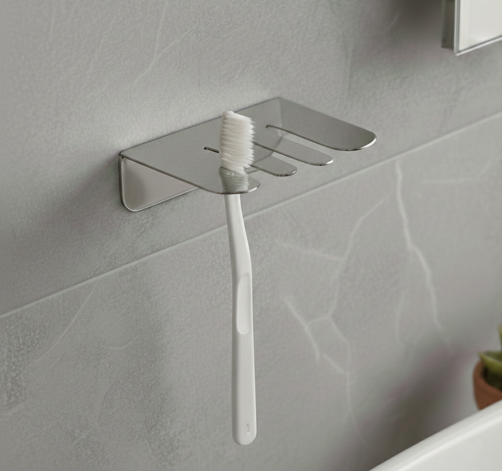 Yapışkanlı Paslanmaz Çelik 3 Bölmeli Diş Fırçası Askısı - Modern Banyo Düzenleyici