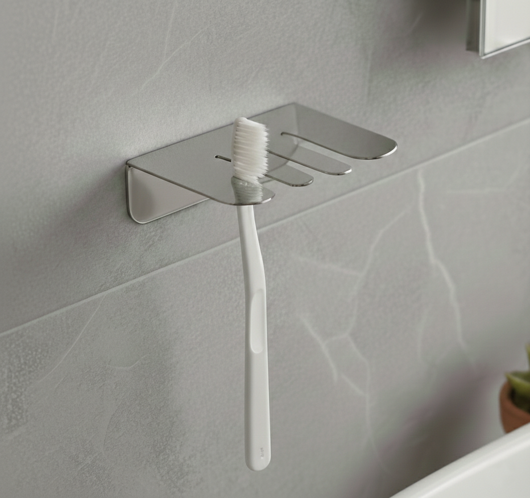 Yapışkanlı Paslanmaz Çelik 3 Bölmeli Diş Fırçası Askısı - Modern Banyo Düzenleyici
