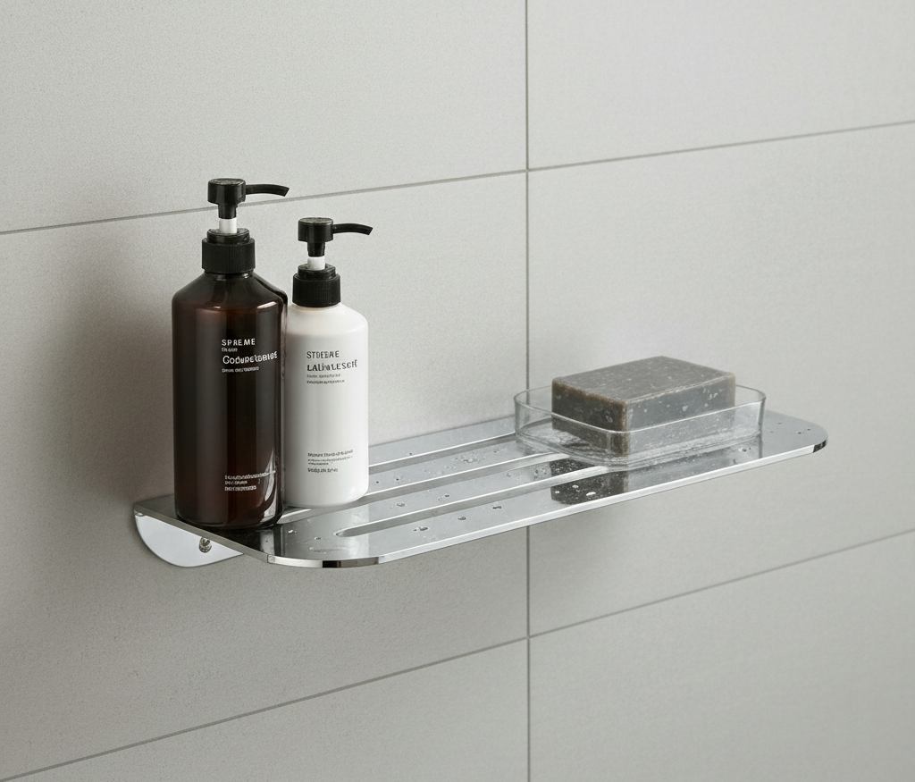Premium Stainless Steel Bathroom Shelf - Modern Shampoo and Soap Dispenser Organizer