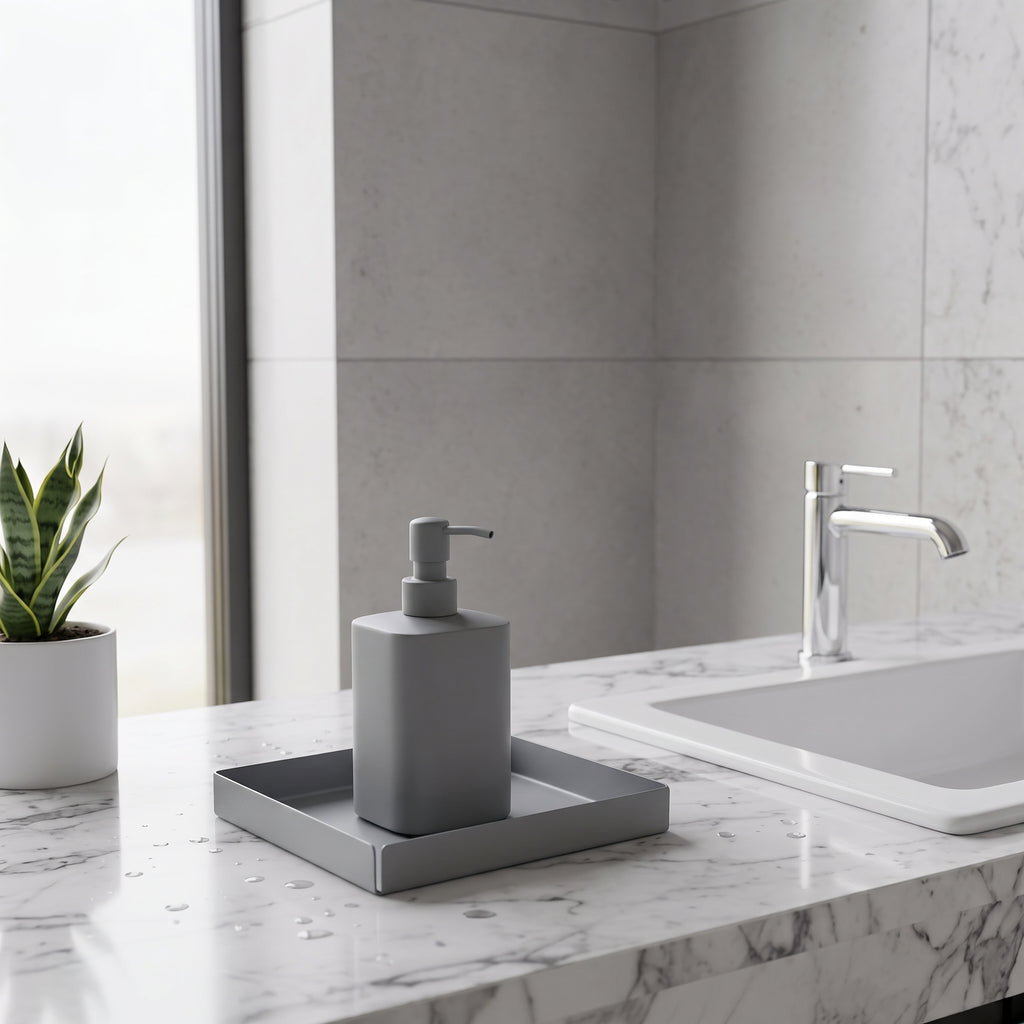 Koyu Gri Kare Galvaniz Metal Banyo Tablası - Lavabo Üstü Sabunluk Ve Düzenleyici Tepsi