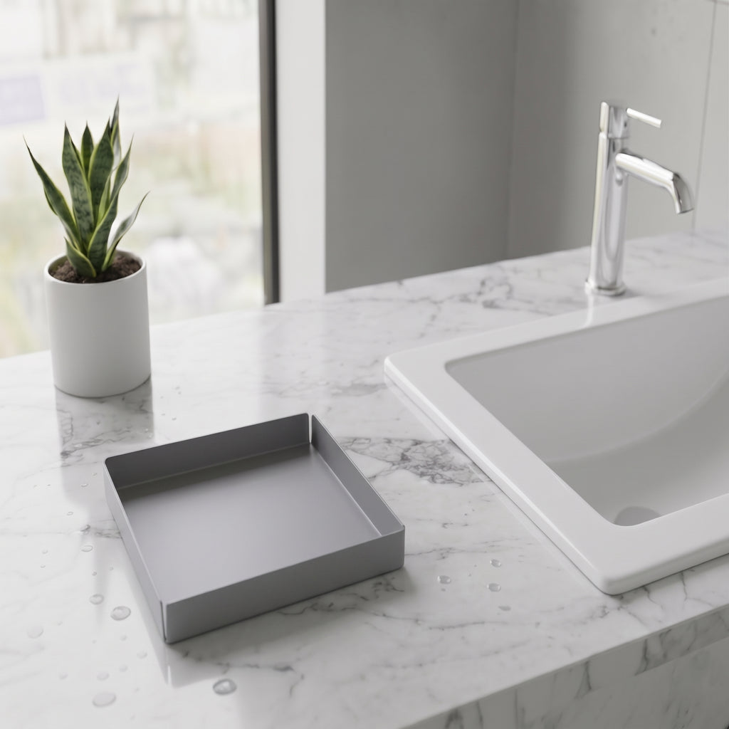 Koyu Gri Kare Galvaniz Metal Banyo Tablası - Lavabo Üstü Sabunluk Ve Düzenleyici Tepsi