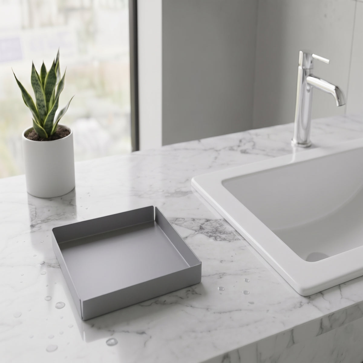Koyu Gri Kare Galvaniz Metal Banyo Tablası - Lavabo Üstü Sabunluk Ve Düzenleyici Tepsi