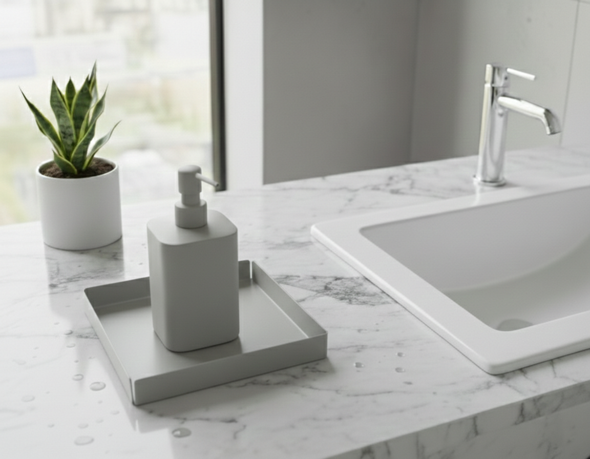 Açık Gri Kare Galvaniz Metal Banyo Tablası - Lavabo Üstü Sabunluk Ve Düzenleyici Tepsi