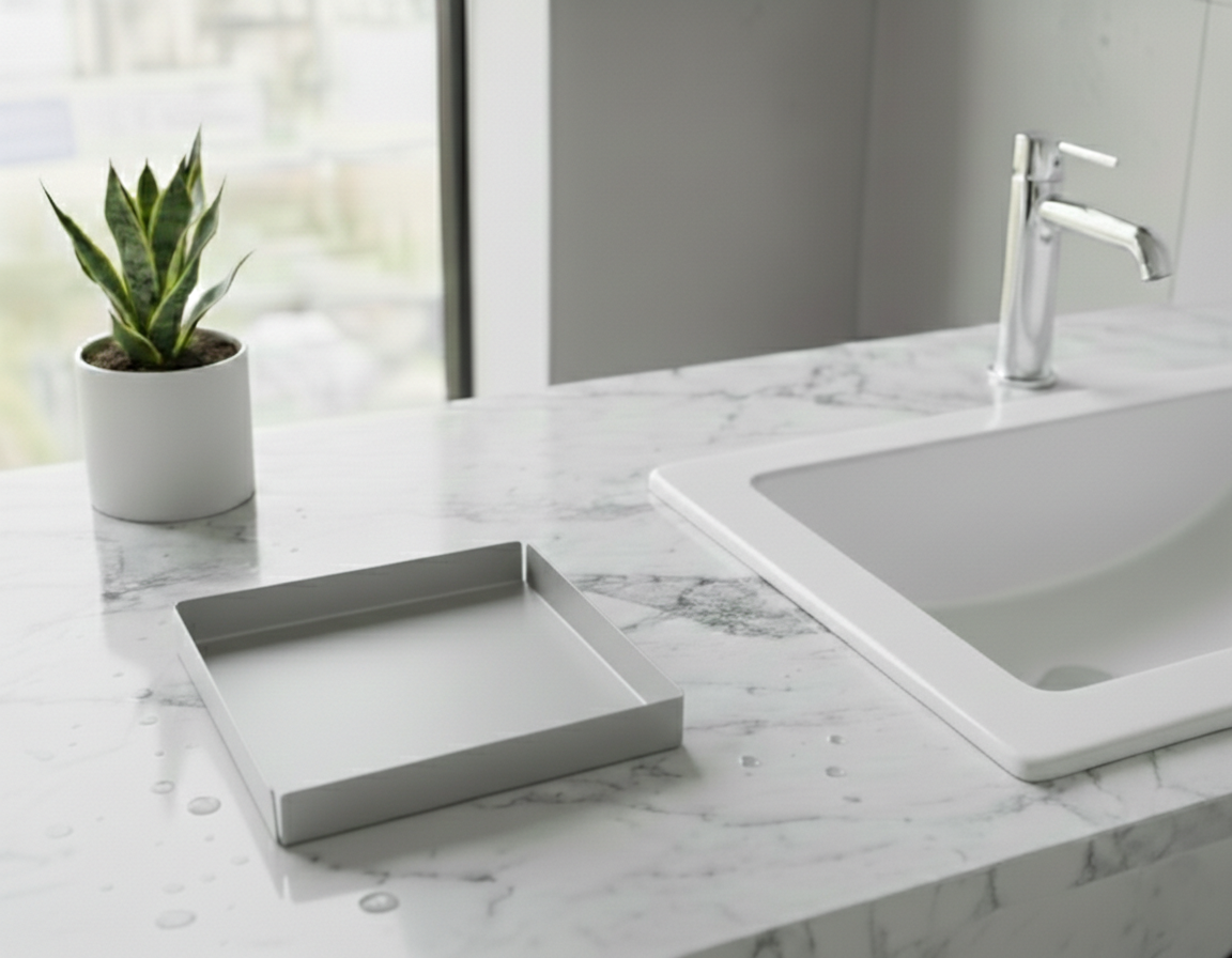Açık Gri Kare Galvaniz Metal Banyo Tablası - Lavabo Üstü Sabunluk Ve Düzenleyici Tepsi