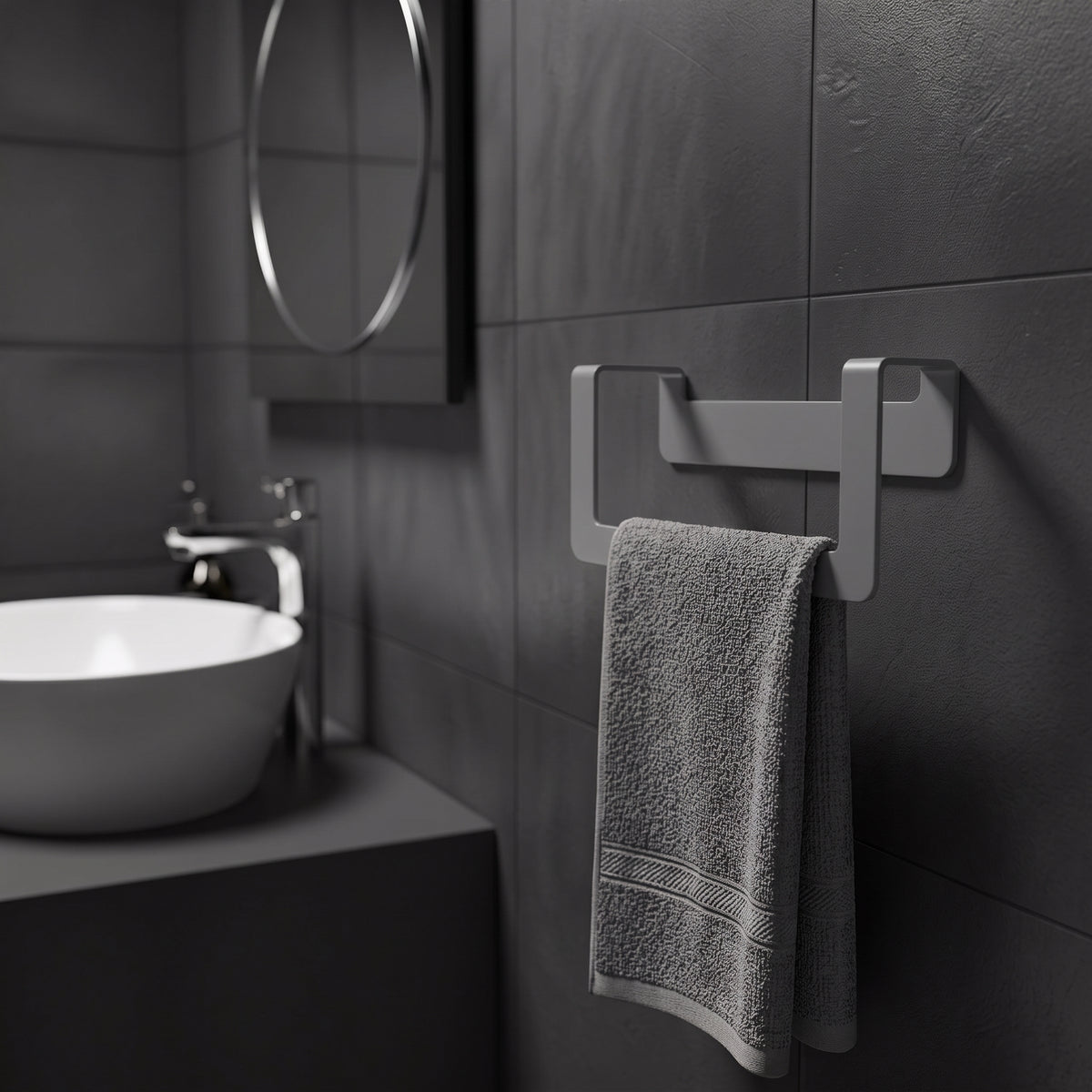Premium Yapışkanlı Koyu Gri Metal Banyo Havluluğu - Modern Seri
