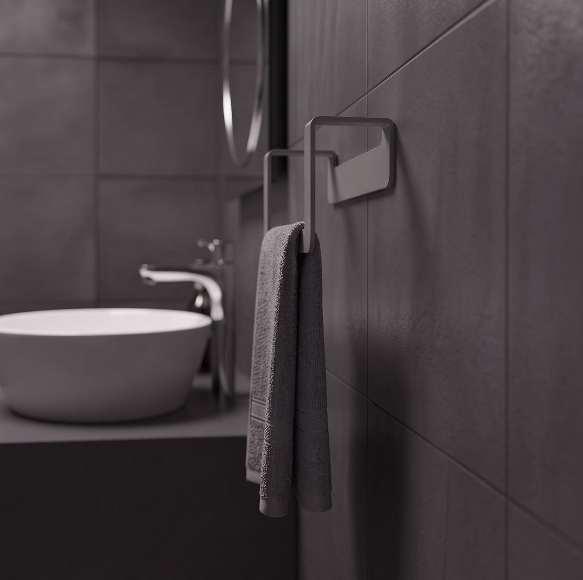 Premium Yapışkanlı Koyu Gri Metal Banyo Havluluğu - Modern Seri