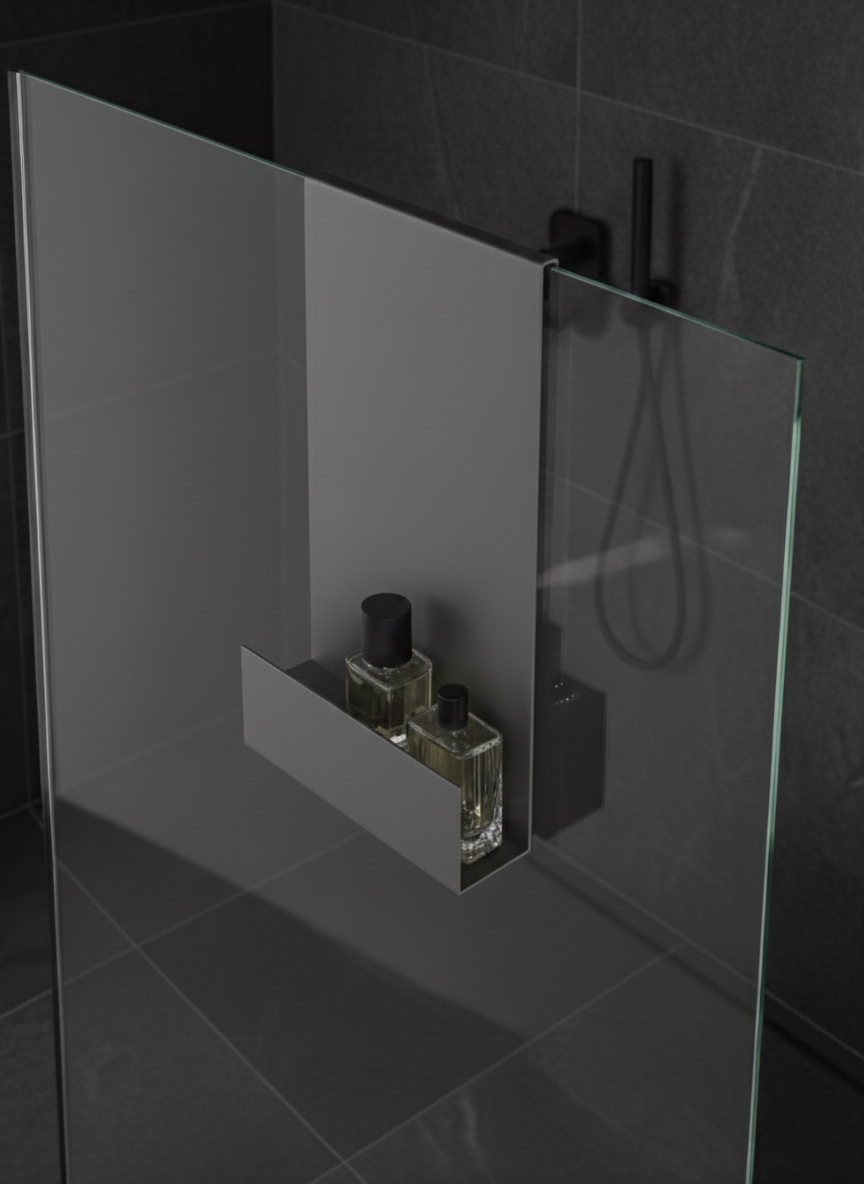 Premium Glass-Hanging Shower Caddy - Dark Grey Metal Bathroom Organizer
