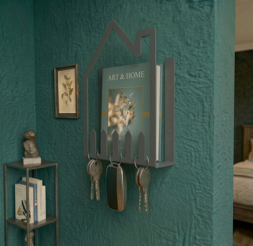 Premium House-Shaped Metal Wall Shelf & Key Holder - Dark Grey Modern Bookshelf & Organizer