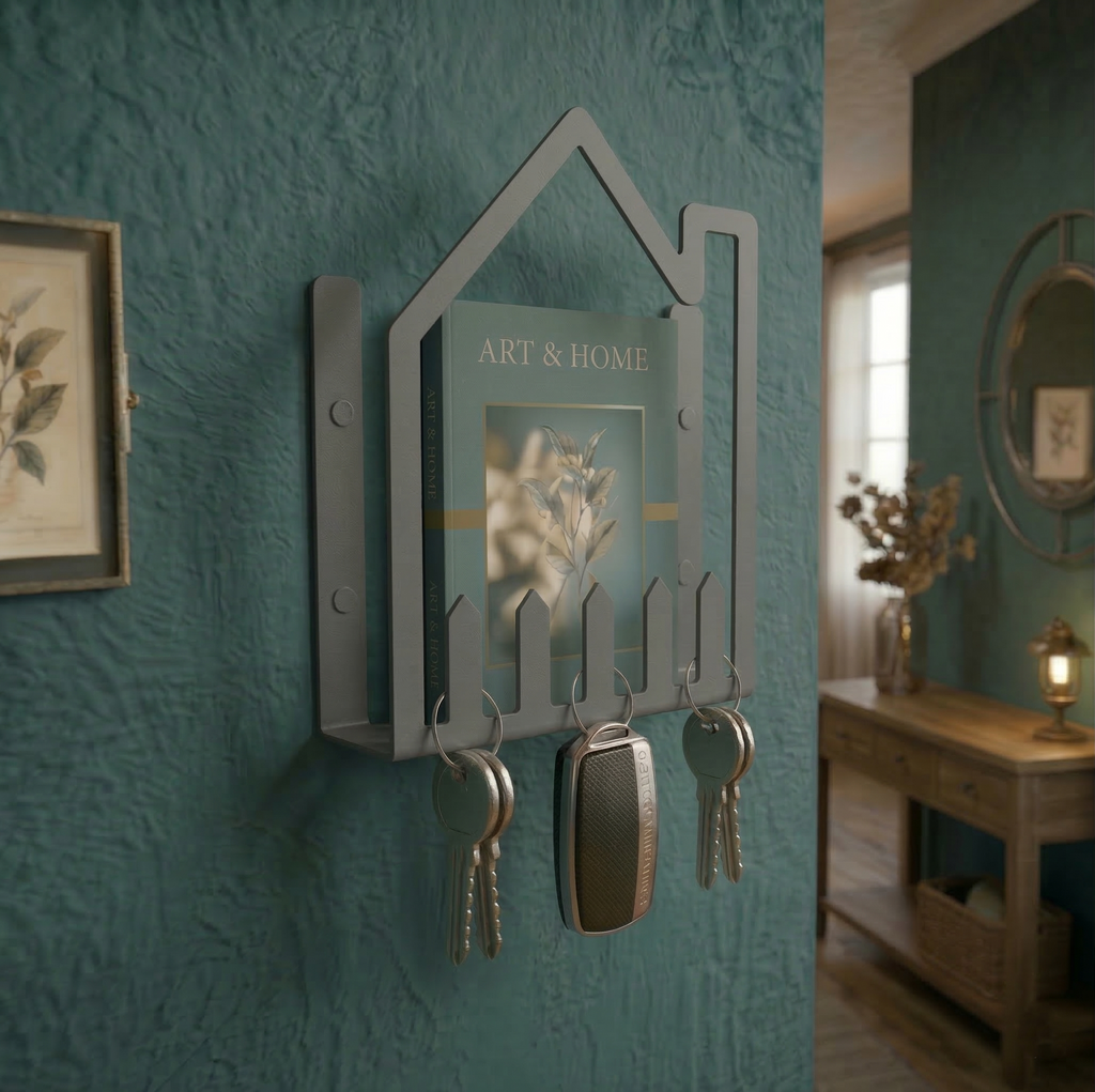 Premium House-Shaped Metal Wall Shelf & Key Holder - Dark Grey Modern Bookshelf & Organizer