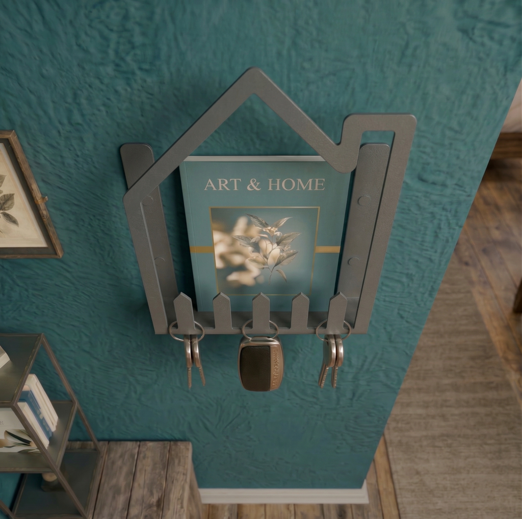 Premium House-Shaped Metal Wall Shelf & Key Holder - Dark Grey Modern Bookshelf & Organizer