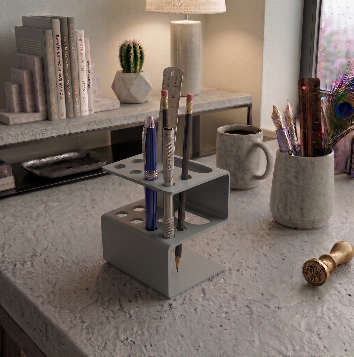 Architectural Form Window Grey Galvanized Metal Pen Holder - Industrial Desk Organizer