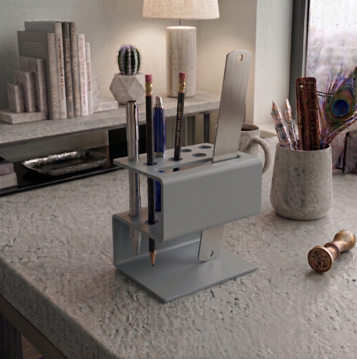 Architectural Form Window Grey Galvanized Metal Pen Holder - Industrial Desk Organizer