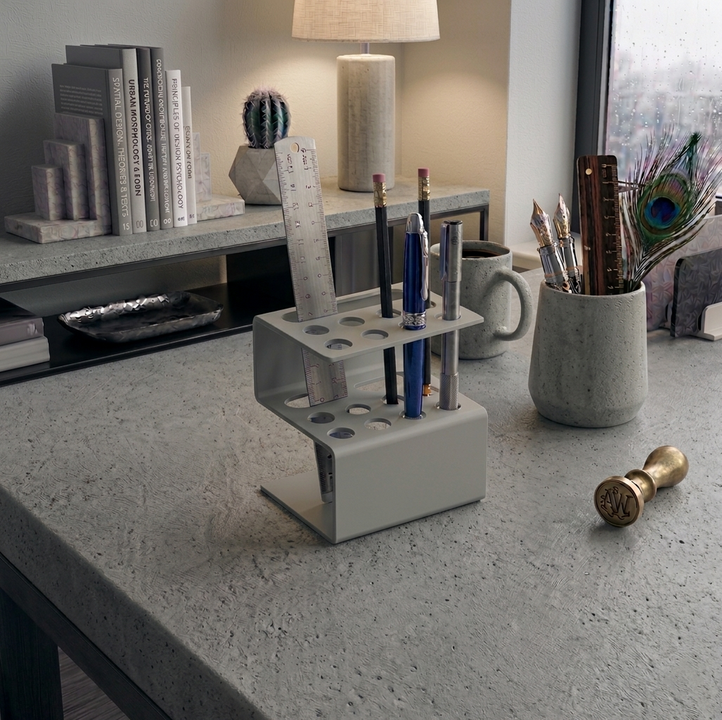 Architectural Form Light Grey Galvanized Metal Pen Holder - Industrial Desk Organizer