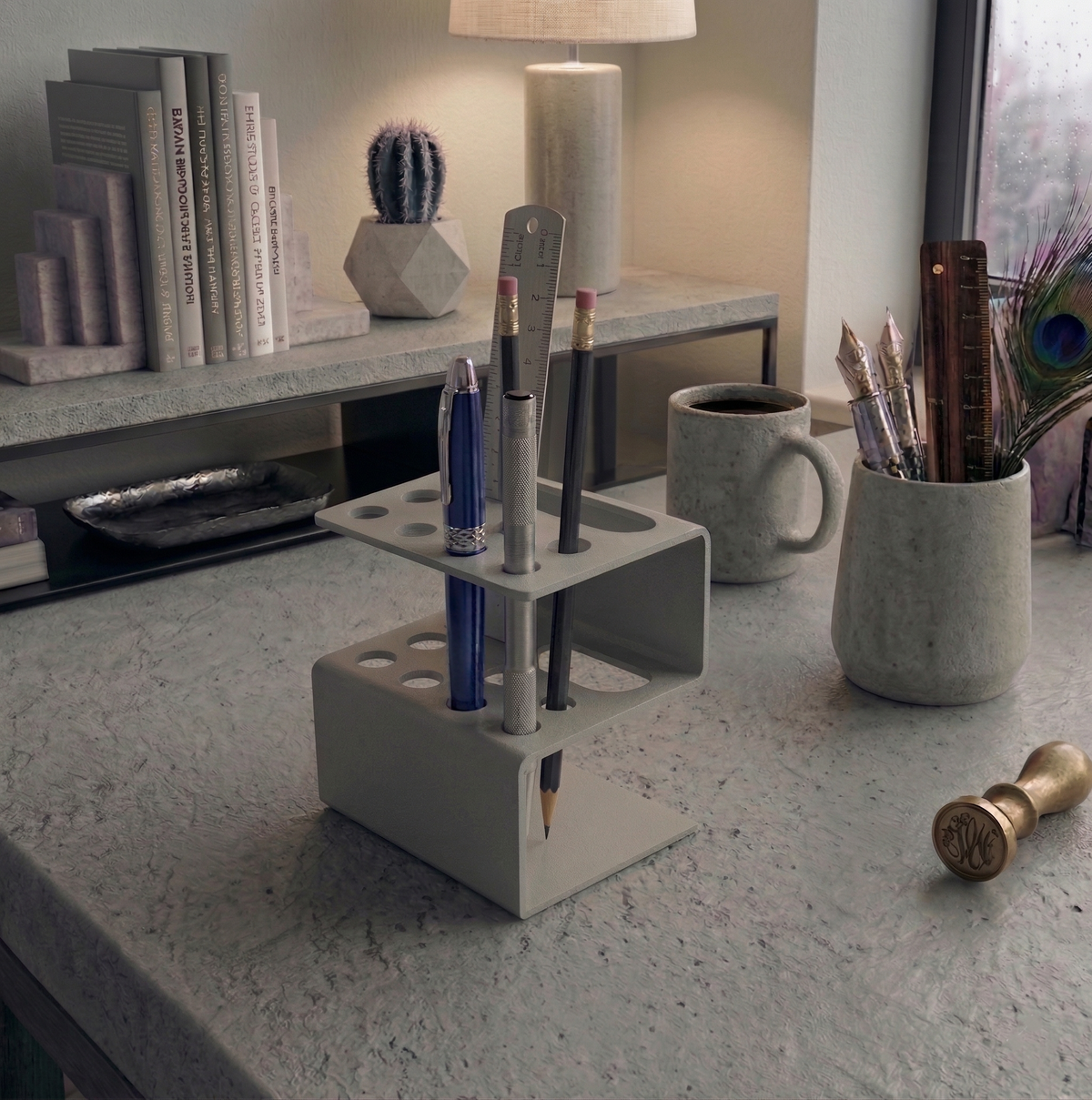 Architectural Form Light Grey Galvanized Metal Pen Holder - Industrial Desk Organizer