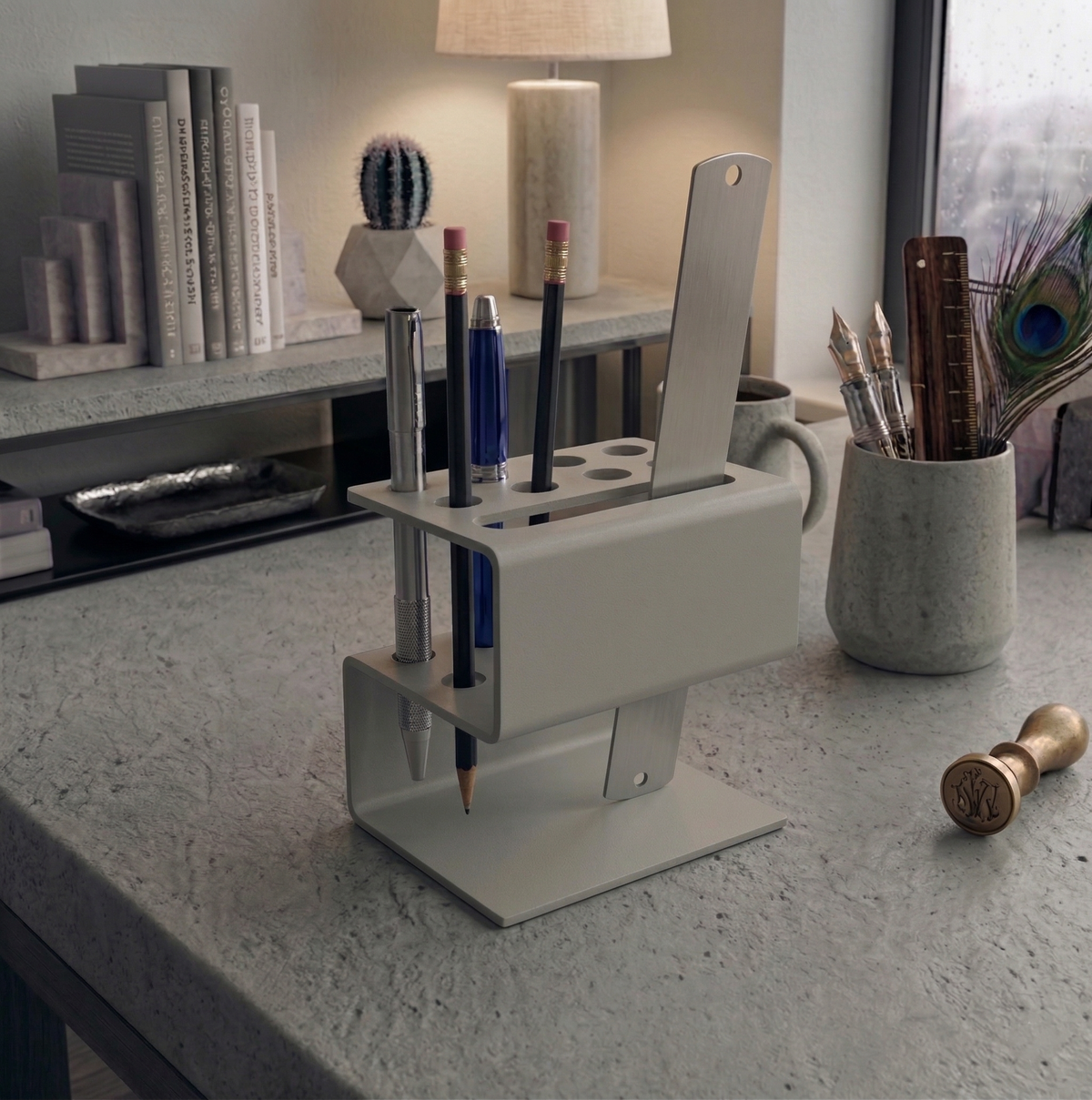 Architectural Form Light Grey Galvanized Metal Pen Holder - Industrial Desk Organizer