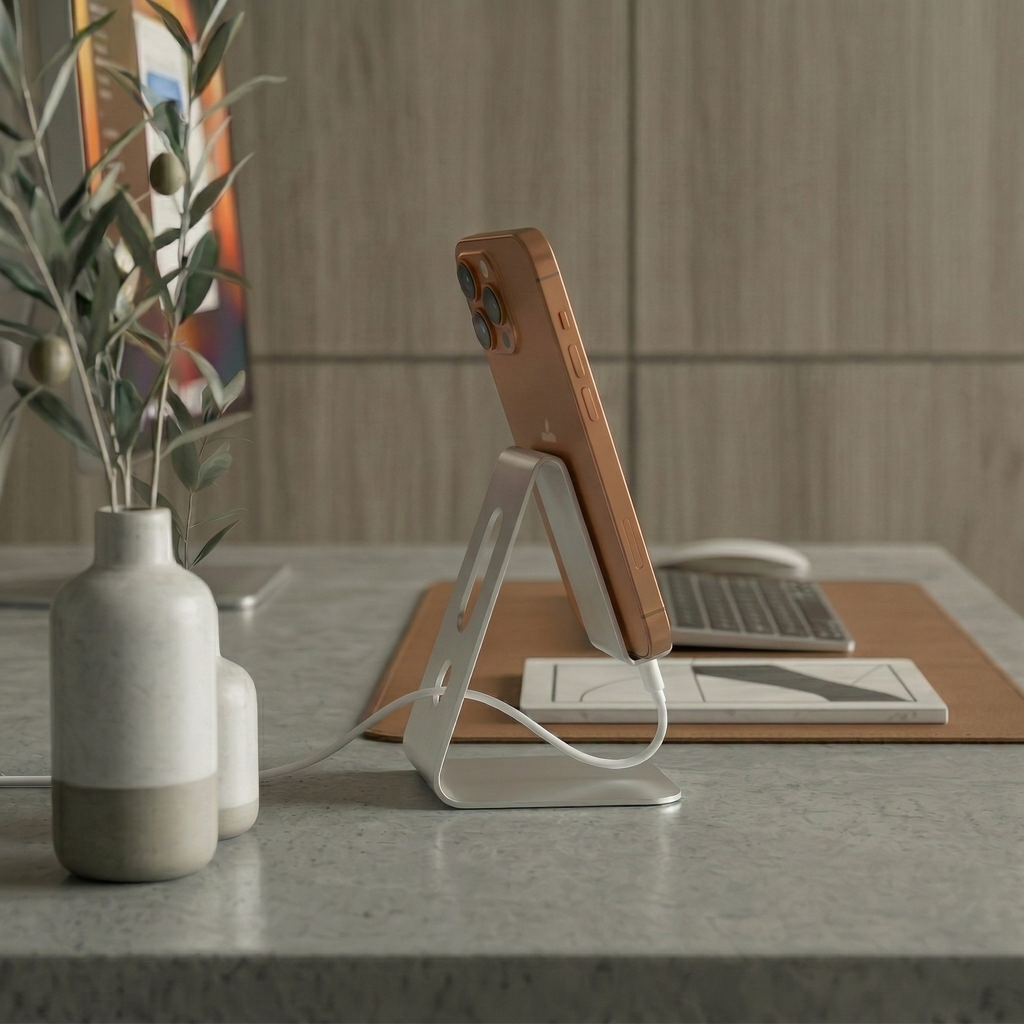 Premium Stainless Steel Desktop Phone Holder - Silver Stand and Portable Device Organizer