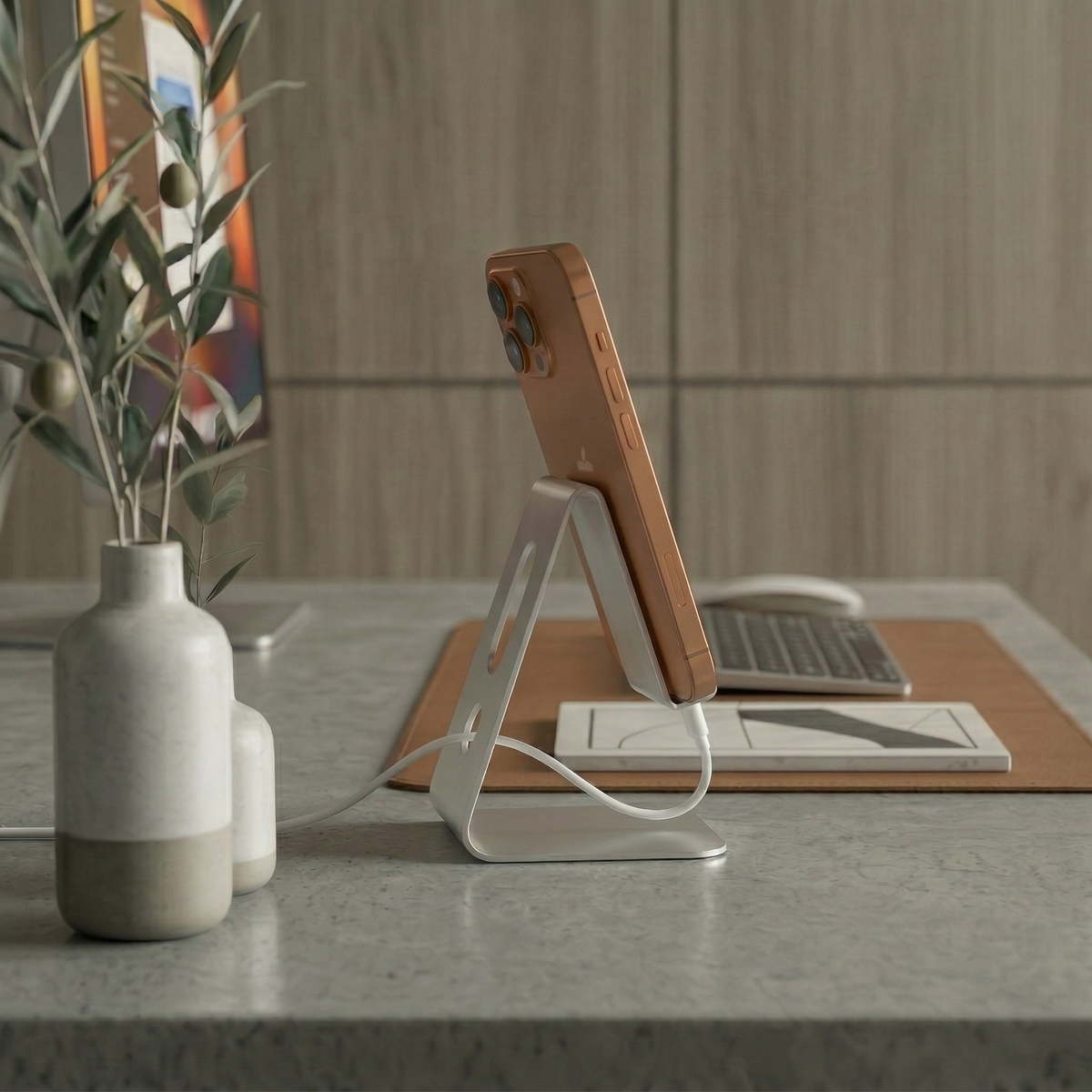 Premium Stainless Steel Desktop Phone Holder - Silver Stand and Portable Device Organizer