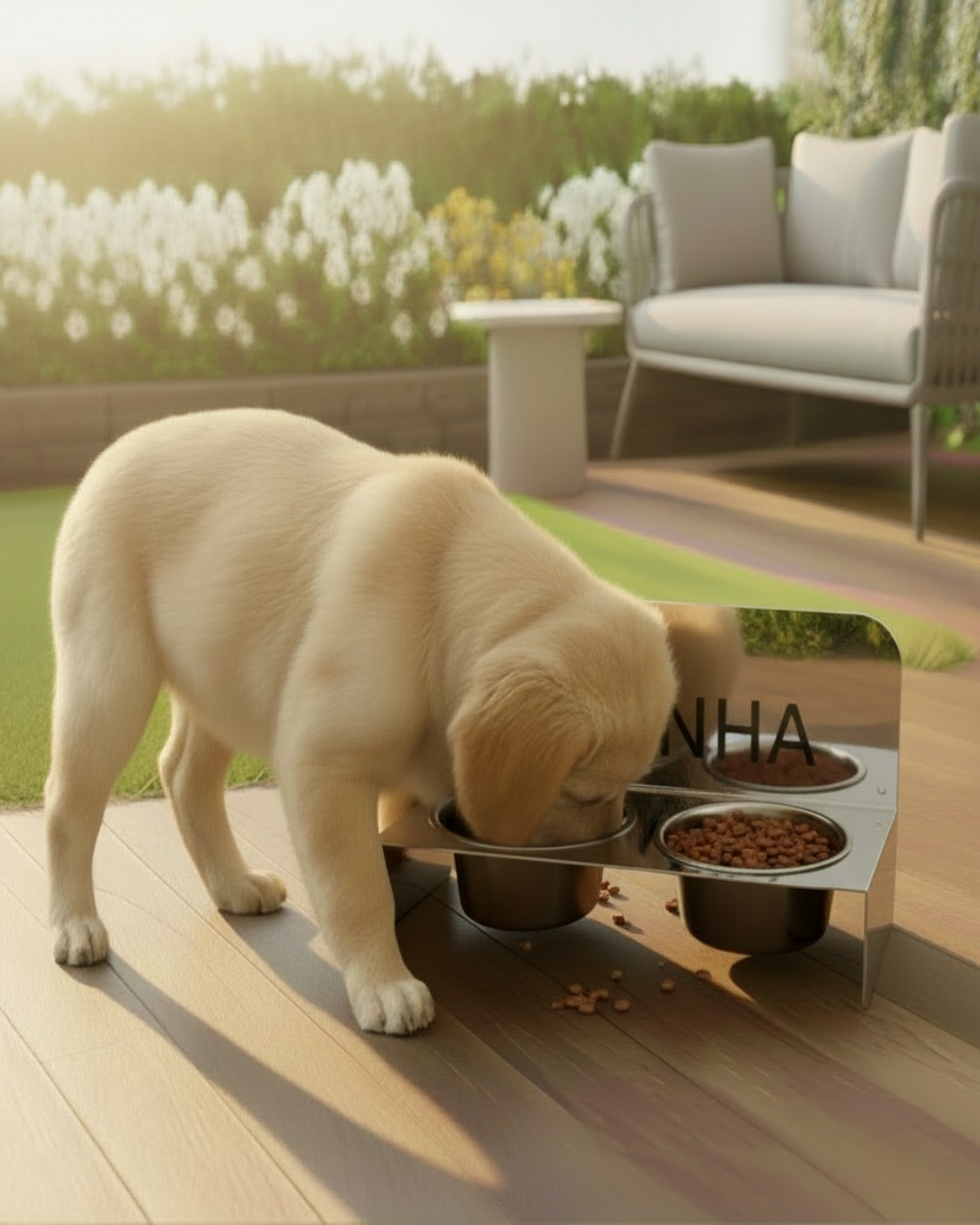 Personalized Stainless Steel Dual-Bowl Dog & Cat Food & Water Stand with Custom Name