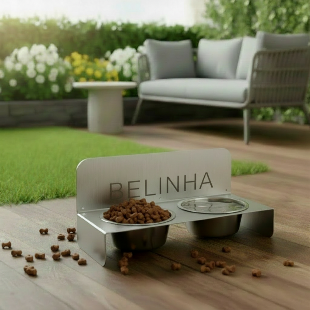 Personalized Stainless Steel Dual-Bowl Dog & Cat Food & Water Stand with Custom Name